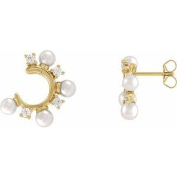 14K Yellow Cultured White Freshwater Pearl 1/3 CTW Natural Diamond Hoop Earrings